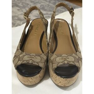 Coach Women's Ferry Peep-Toe Wedge Sandal, Size 7.5, Tan/Brown, Sling Back, Cork